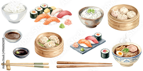 Set of icons, Asian cuisine clipart: sushi, ramen, dim sum, rice bowls and gyoza with chopsticks and soy sauce, collection, vector in watercolor illustration style, isolated, no background