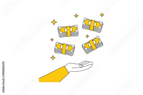 A hand dispersing stacks of money with sparkles floating in the air around them cash bills.