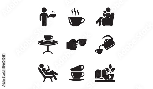Coffee and tea lifestyle icon set with people drinking and cozy settings