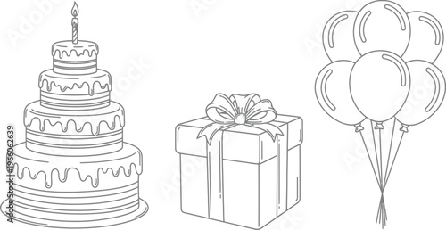 Celebration icons featuring a cake, gift, and balloons in a minimalist sketch style Vector