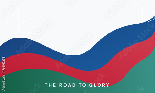 Hand-drawn abstract corporate background with wavy bands of blue red green colors featuring geometric hexagons and authentic illustration