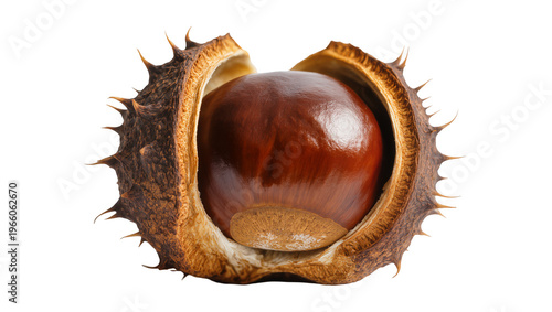 Cuadro en lienzo Spiky chestnut husk opened brown conker inside, isolated on transparent backgrou