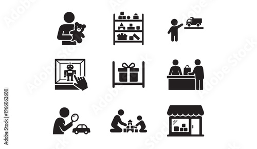 Toy store shopping retail and children playing with toys silhouette icon set