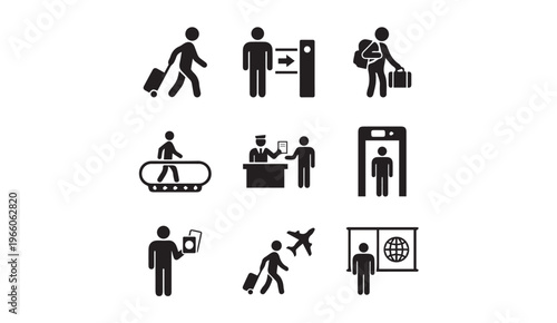 Airport travel security check and international flight passenger icons set