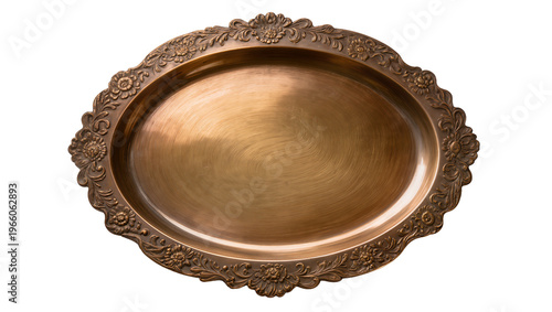 Foto Ornate brass oval tray with embossed rim, isolated on transparent background