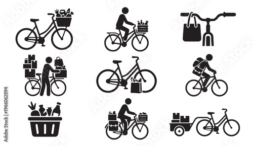 Bicycle grocery shopping and eco friendly delivery stick figure icons