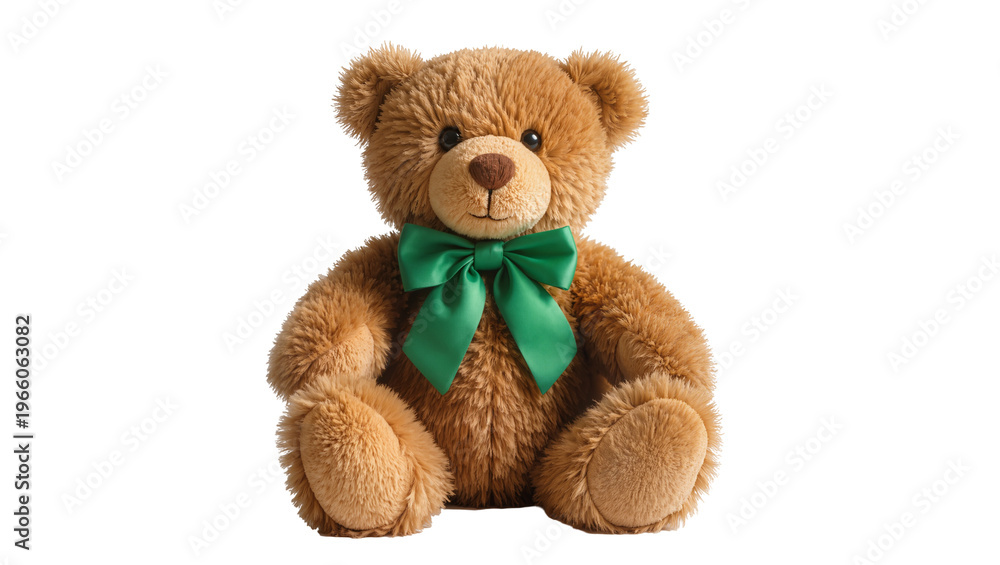 Fototapeta premium Brown plush teddy bear with a bright green satin bow isolated on transparent background, for children s gifts