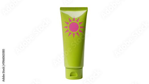 Lime green sunscreen tube featuring a pink sun, isolated on transparent background