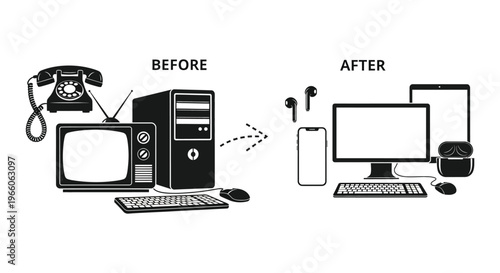 Technological evolution from outdated devices to modern counterparts is visually represented in black silhouette high quality professional detailed elegant stylish clean