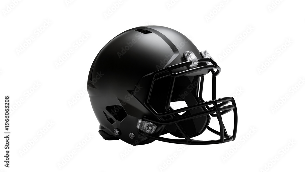 Fototapeta premium Black football helmet with dark stripe and face mask, isolated on transparent background