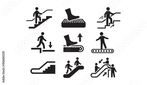 Escalator stairs and moving walkway icons for public transport transit