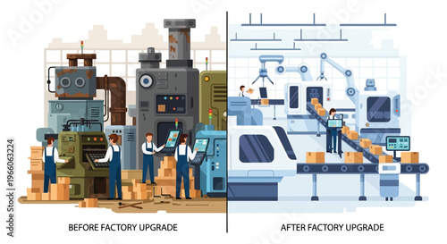 A contrasting illustration depicts a factory before and after modernization showcasing technological advancements in production silhouette high quality professional detailed modern