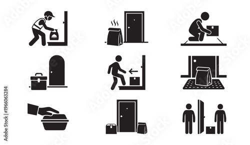 Food delivery icons showing contactless courier service to doorstep