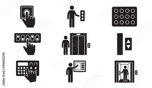 Elevator lift and control panel icons for building navigation interface