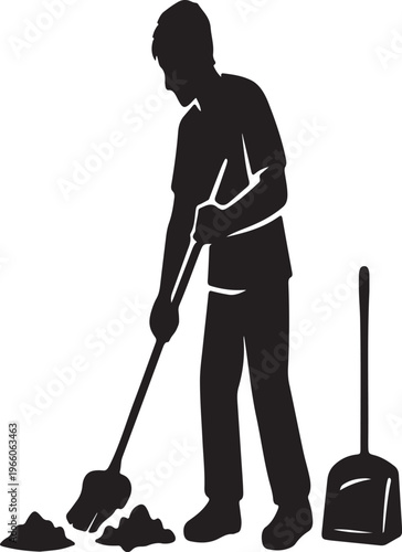 A silhouetted figure of a person diligently sweeping the floor with a broom and dustpan nearby high quality professional detailed modern elegant