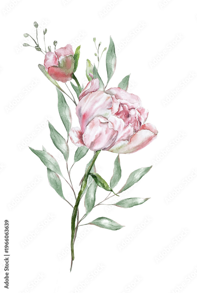 Obraz premium Elegant watercolor floral bouquets composed of peonies and eucalyptus leaves. Perfect for wedding design, invitations, branding, and romantic botanical compositions with soft, feminine aesthetics
