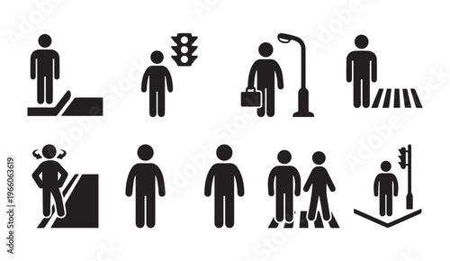 People walking and waiting at traffic light icons set