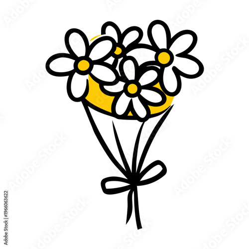 Bouquet of yellow flowers tied with ribbon, hand drawn floral illustration, celebratory gift