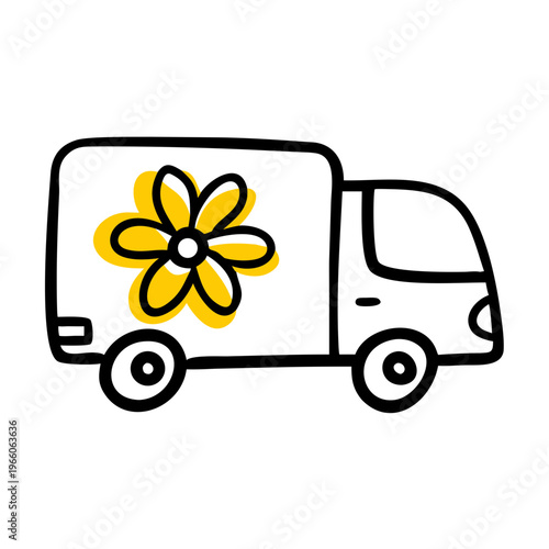 Hand drawn delivery truck with flower icon, simple vector illustration for floral services