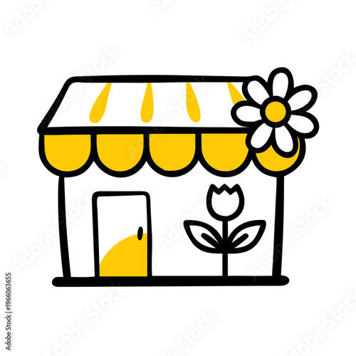 Doodle style flower shop building, cute illustration for floral business or retail