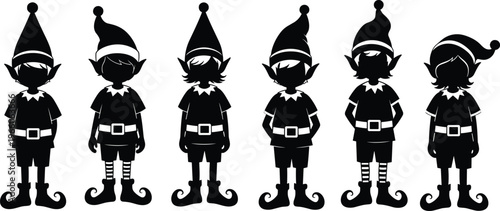Christmas elf silhouettes with festive hats and curled shoes, holiday vector illustration, winter decoration artwork, playful seasonal character design pattern