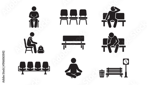 Waiting room and public seating icons set for passenger commute