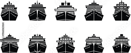 Cruise ship front view silhouettes with decks funnels windows, maritime vector illustration, ocean liner artwork, nautical transportation design pattern