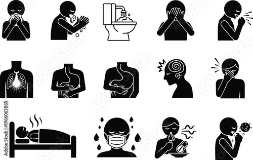 Health hygiene pictogram silhouettes showing sickness symptoms, sneezing coughing washing hands, medical prevention vector illustration, public health awareness design pattern