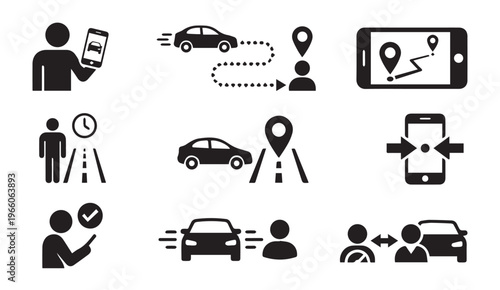 Car sharing and ride hailing app icons set for urban transportation