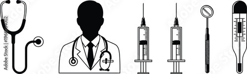 Medical icons with stethoscope doctor syringe dental mirror thermometer, healthcare vector illustration, hospital artwork, medicine design pattern