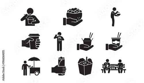 Street food and takeaway eating icons set featuring stick figure people characte