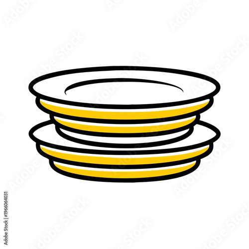 Stack of clean plates with yellow stripes, kitchenware for serving food, dinnerware items