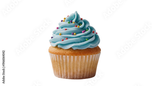 Golden vanilla cupcake with swirled blue frosting and colorful sprinkles, isolated on transparent background