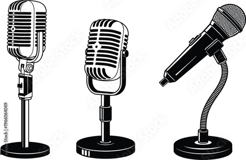 Microphone icons vintage retro modern handheld audio equipment, music vector illustration, sound recording artwork, broadcasting design pattern