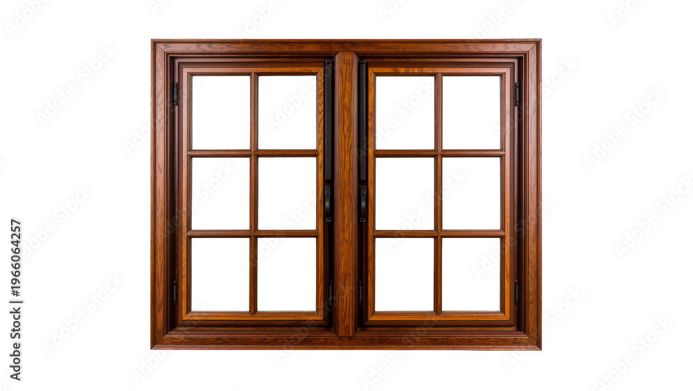 Fototapeta premium Brown wood window twelve panes, isolated on transparent background