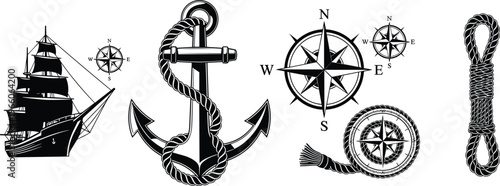 Sailing ship anchor compass rope nautical icons, maritime vector illustration, ocean artwork, navigation design pattern, seafaring exploration symbol