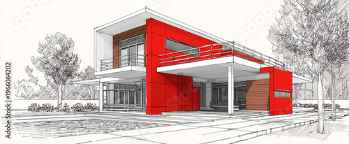 Modern Red House Exterior With Balcony And Trees For Real Estate Concepts
