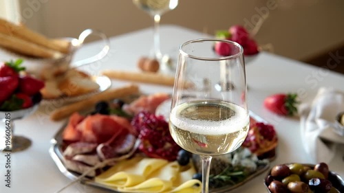 White wine , champagne or Prosecco into a glass from a bottle for an aperitif	