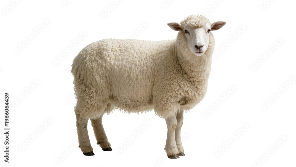 Fototapeta premium White fluffy woolly sheep standing calmly looking forward, isolated on transparent background