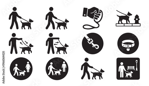 Pet care and dog walking icon set featuring leashes and collars