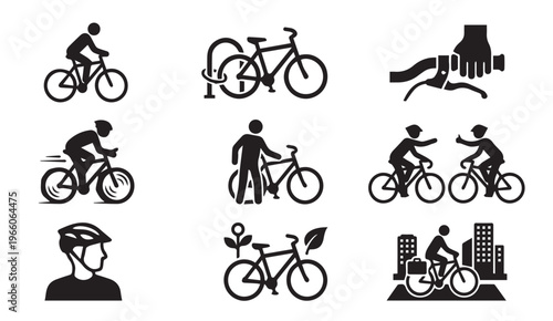 Bicycle and cycling icon set featuring commuter and recreational riding