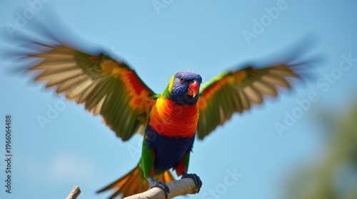 Lorikeet wings fully spread landing branch motion blur wingtips blue sky background action shot wildlife
