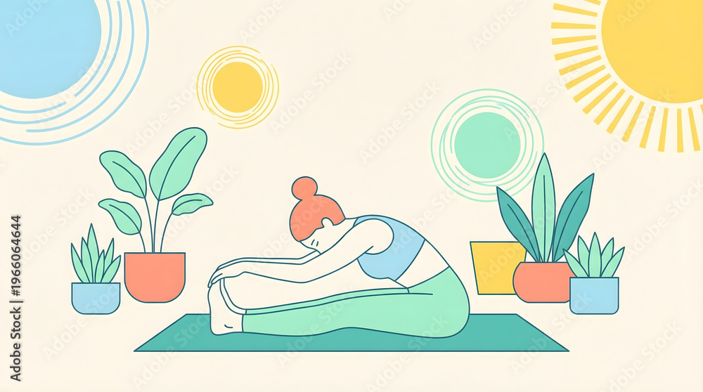 Fototapeta premium Illustration of a young woman practicing yoga stretching pose surrounded by green potted plants and sunlight