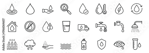 Plumbing solutions and pure water supply outline icon set featuring home water filter, industrial tap faucet, rainy cloud, laboratory test tube, and bathroom shower vector illustration on editable str