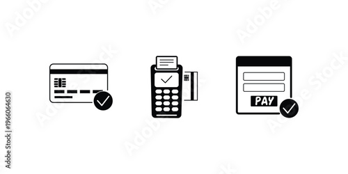 Minimalist payment icon set, black and white credit card and POS terminal vectors, secure online checkout and transaction symbols for e-commerce