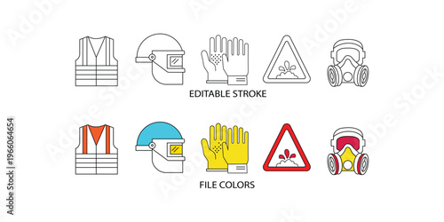 Industrial personal protective equipment icons, safety gear vector set with editable stroke, construction worker ppe equipment for occupational health