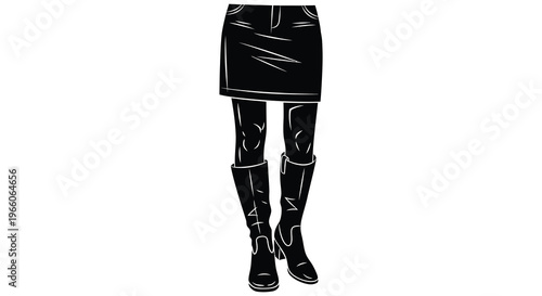 A black silhouette depicts a woman wearing a short skirt and knee high boots showcasing a fashionable autumn look silhouette high quality