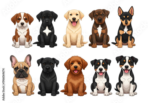Cartoon-style puppies sitting on a white background. Assorted and cute puppies.