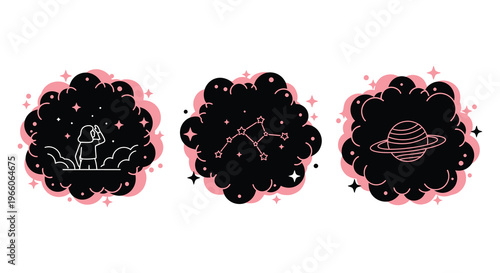A whimsical collection depicting celestial scenes with a stargazer constellations and a planet all in silhouette high quality professional detailed modern