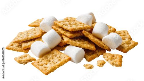 Bilde på lerret Pile of golden brown square crackers and soft white fluffy marshmallows, isolate